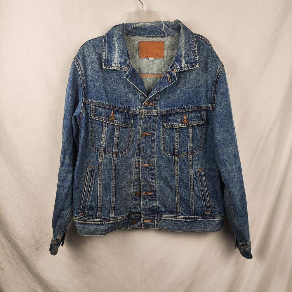 American Eagle Denim Jacket Mens XL Blue Button Front Bomber Faded Casual